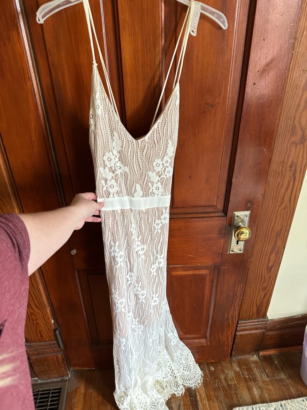 Ivory Lace Slip Dress with Floral Appliqué
